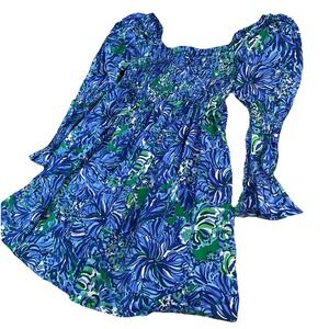 Lilly Pulitzer Beyonca Babydoll Dress‎ Blue Smocked Pockets Resort Women Sz L